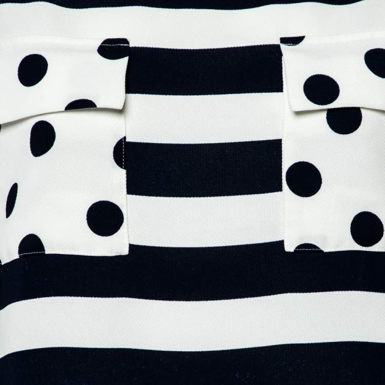 Pre Owned CH Carolina Herrera Navy Blue & White Stripe & Polka Dot Printed Textured Belted Dress S