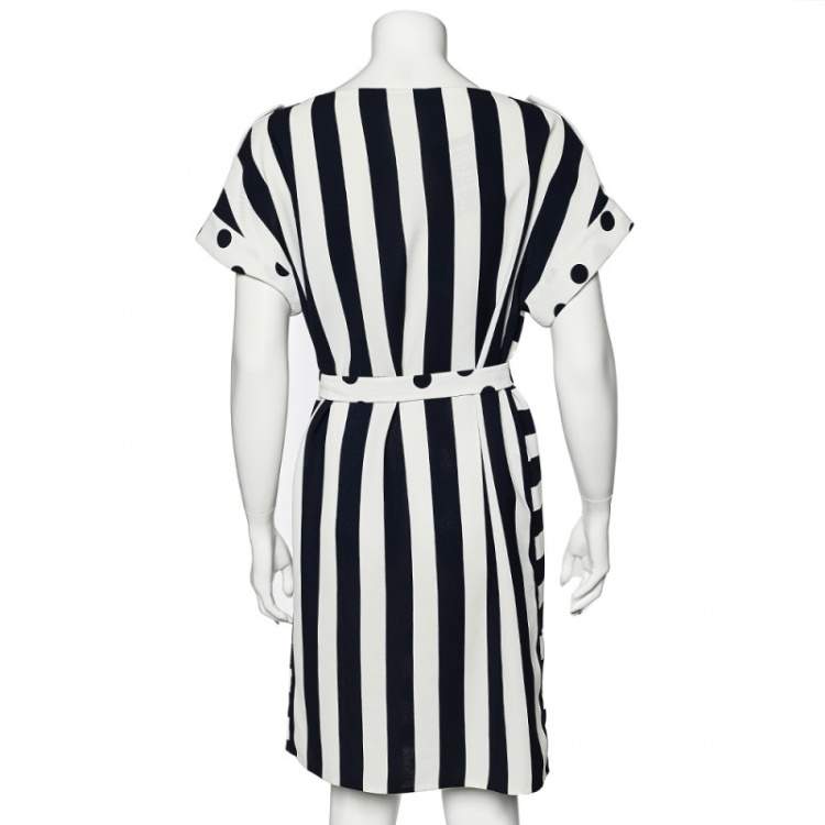 Pre Owned CH Carolina Herrera Navy Blue & White Stripe & Polka Dot Printed Textured Belted Dress S