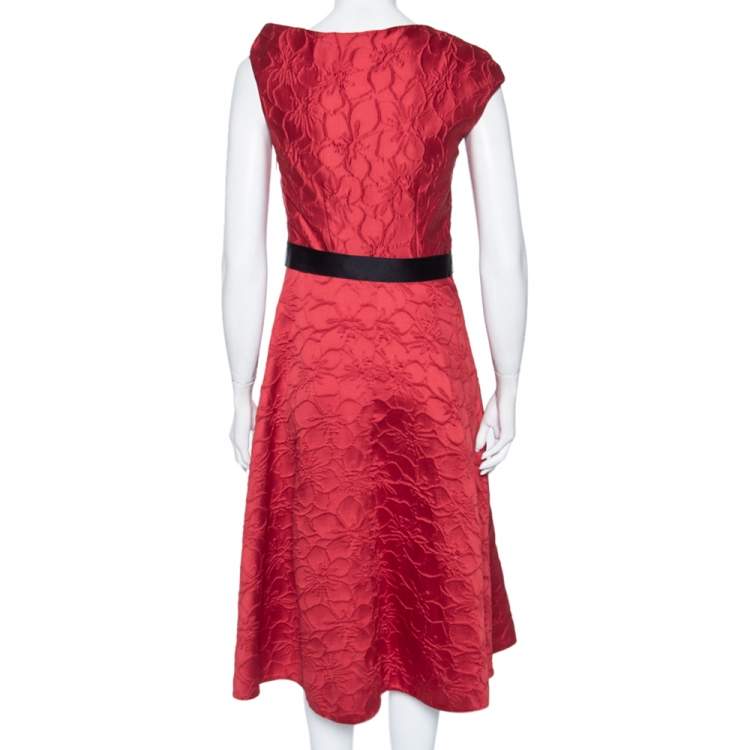 Pre Owned CH Carolina Herrera Red Floral Embossed Jacquard Sleeveless Belted Dress S