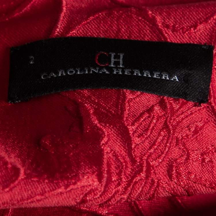 Pre Owned CH Carolina Herrera Red Floral Embossed Jacquard Sleeveless Belted Dress S