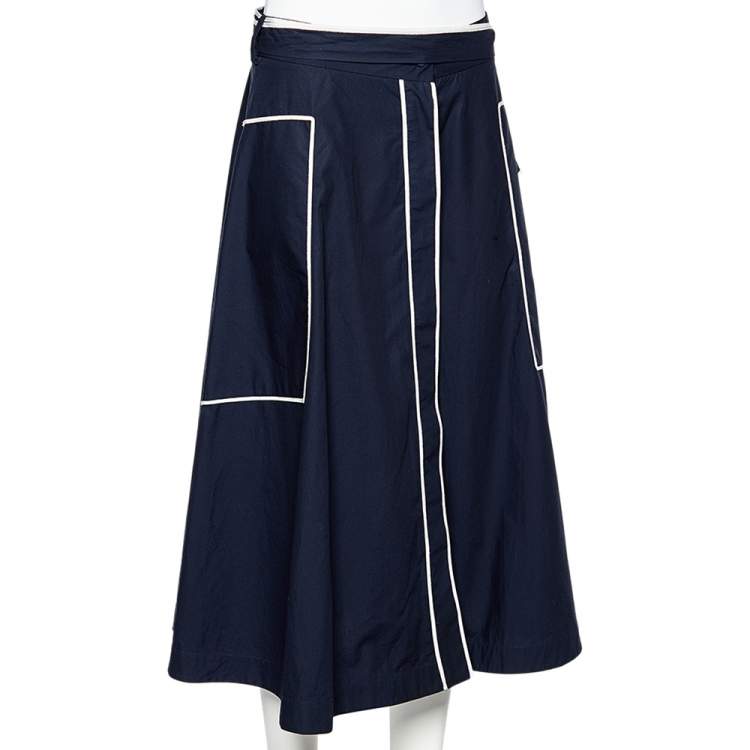 Pre Owned CH Carolina Herrera Navy Blue Cotton Contrast Detail Belted Midi Skirt M