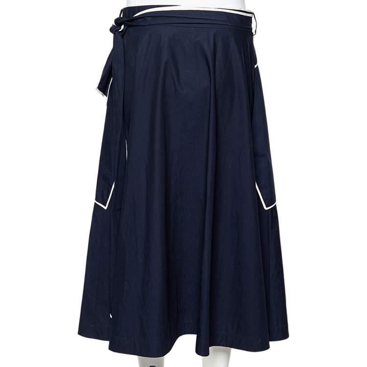 Pre Owned CH Carolina Herrera Navy Blue Cotton Contrast Detail Belted Midi Skirt M