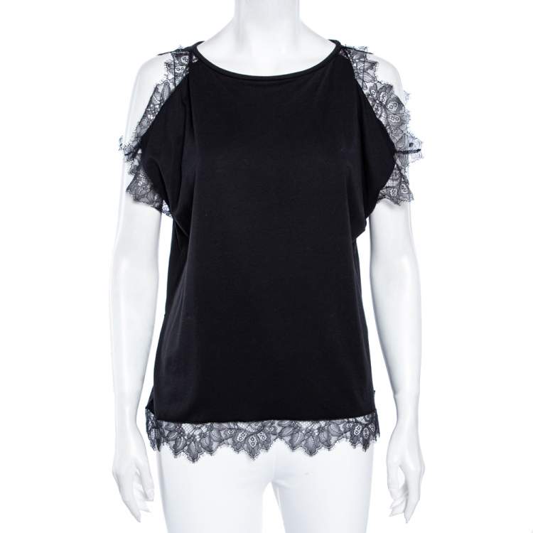 Pre Owned CH Carolina Herrera Black Cotton & Lace Trimmed Top L 