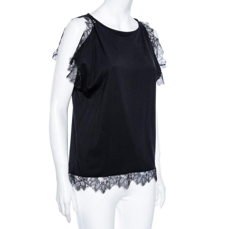 Pre Owned CH Carolina Herrera Black Cotton & Lace Trimmed Top L 