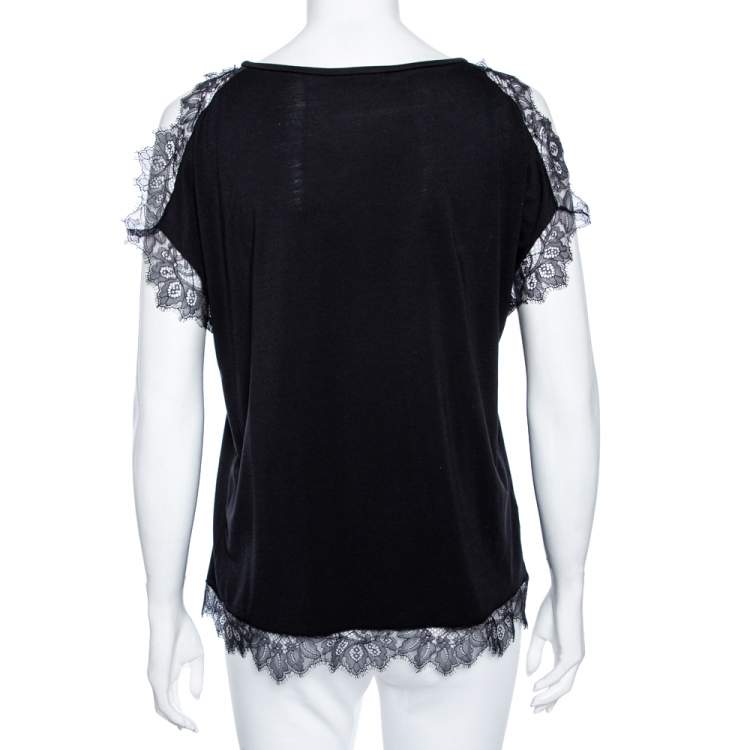 Pre Owned CH Carolina Herrera Black Cotton & Lace Trimmed Top L 