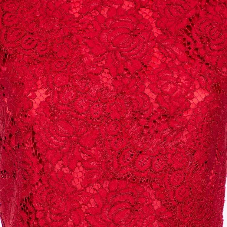 Pre Owned CH Carolina Herrera Red Lace Paneled Sleeveless Sheath Dress L