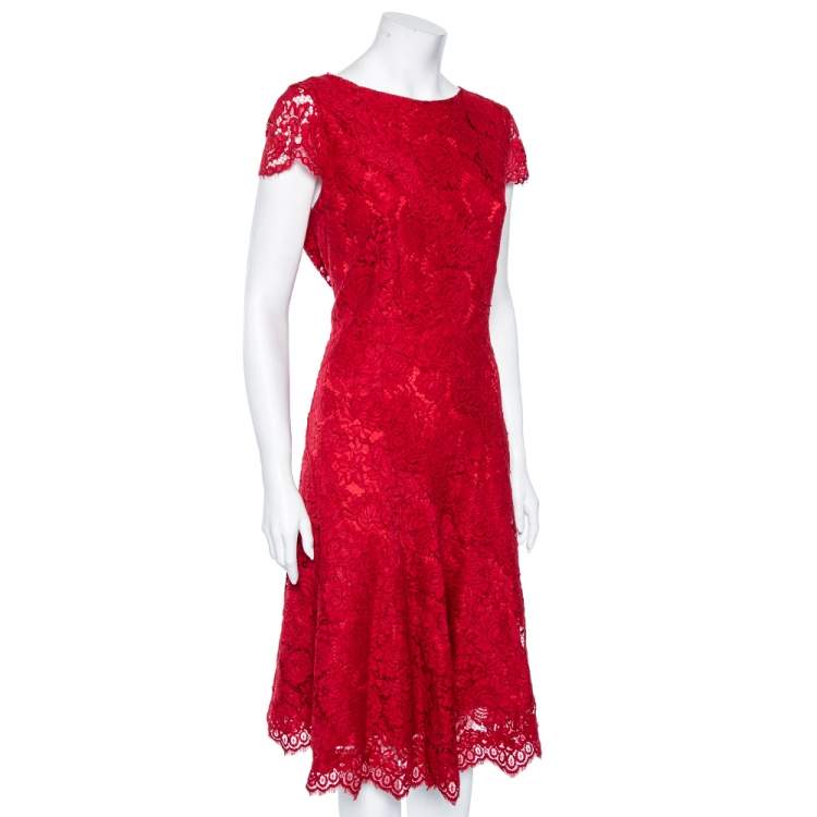 Pre Owned CH Carolina Herrera Red Lace Paneled Sleeveless Sheath Dress L