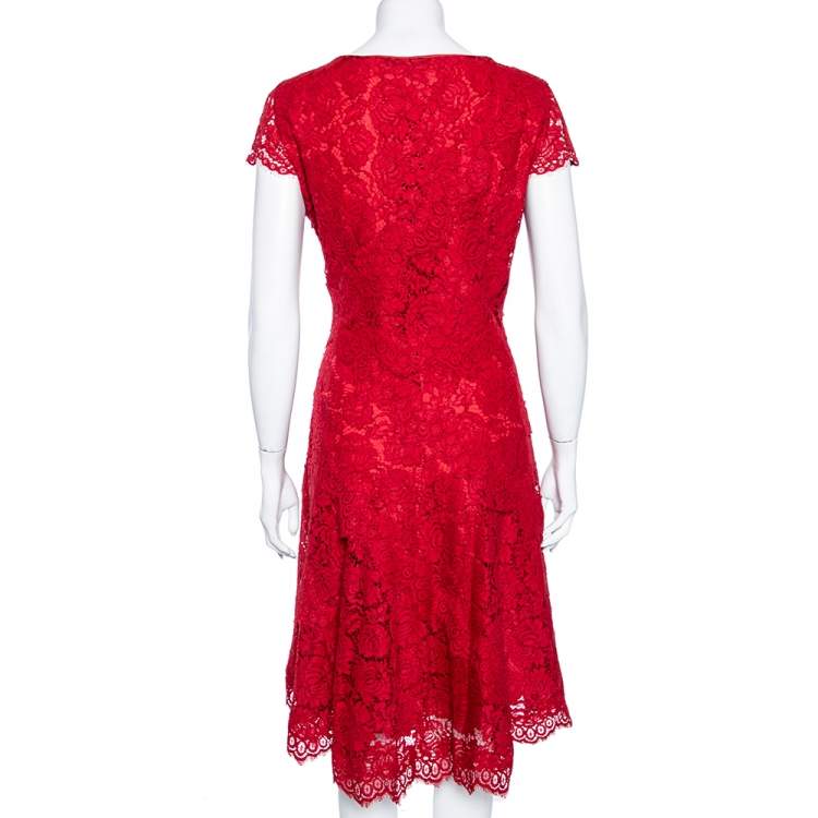 Pre Owned CH Carolina Herrera Red Lace Paneled Sleeveless Sheath Dress L
