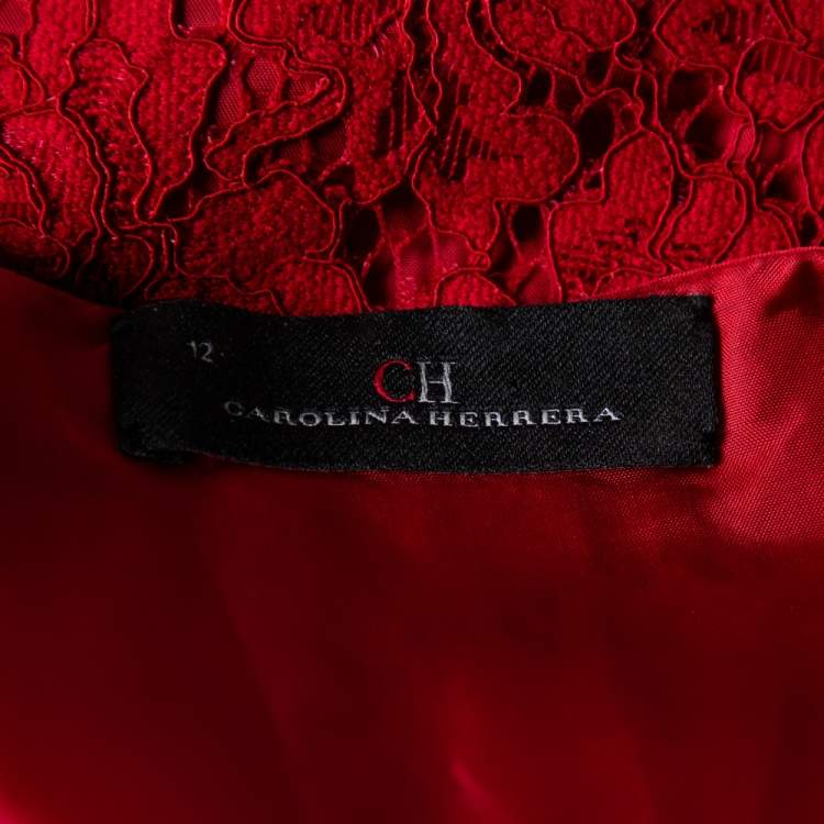 Pre Owned CH Carolina Herrera Red Lace Paneled Sleeveless Sheath Dress L