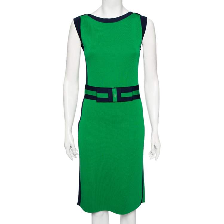 Pre Owned CH Carolina Herrera Green Knit Contrast Stripe Bow Detail Midi Dress S