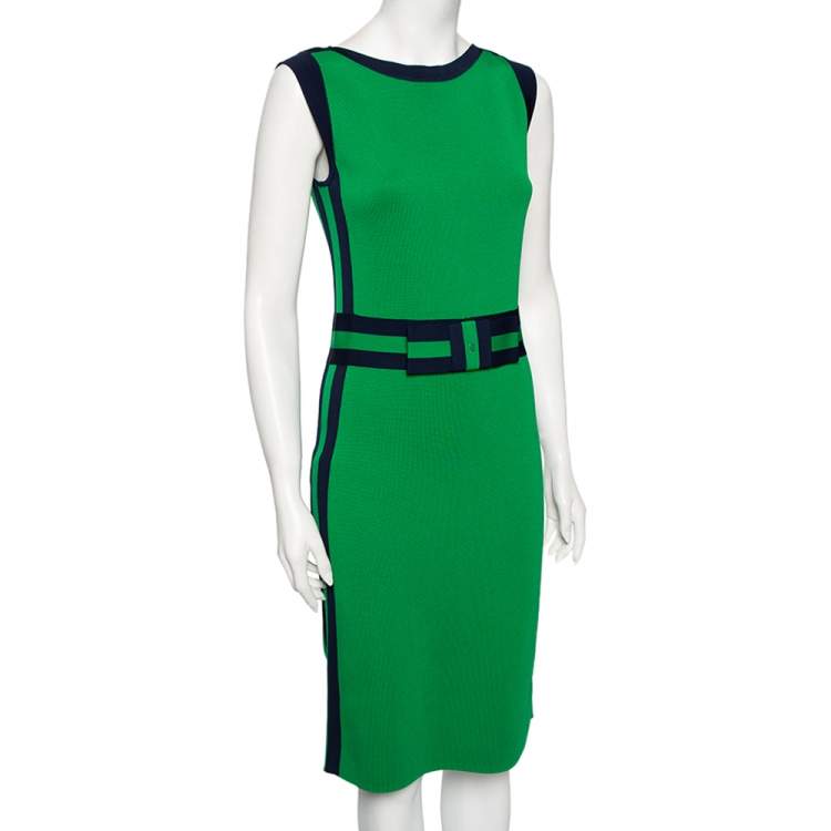 Pre Owned CH Carolina Herrera Green Knit Contrast Stripe Bow Detail Midi Dress S