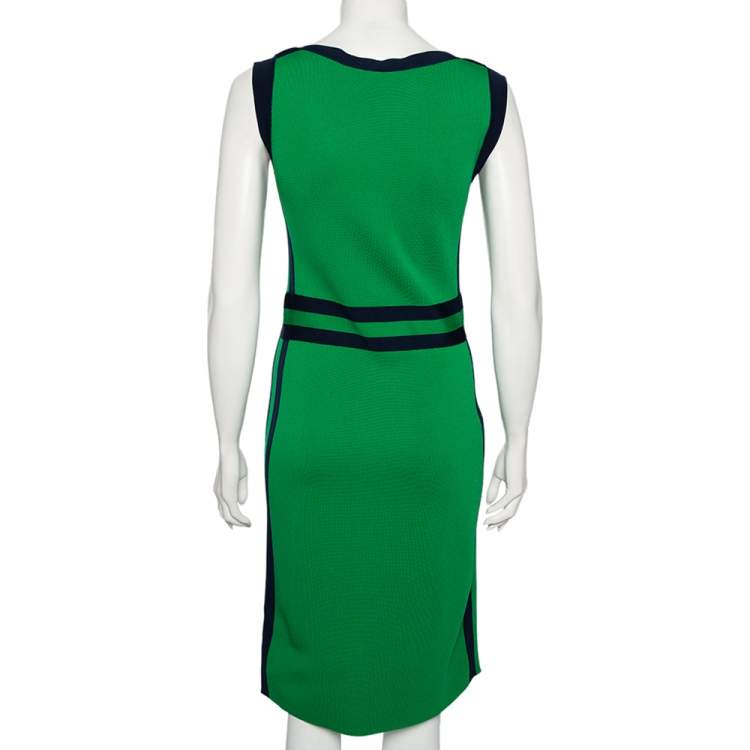 Pre Owned CH Carolina Herrera Green Knit Contrast Stripe Bow Detail Midi Dress S