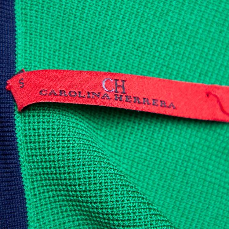 Pre Owned CH Carolina Herrera Green Knit Contrast Stripe Bow Detail Midi Dress S