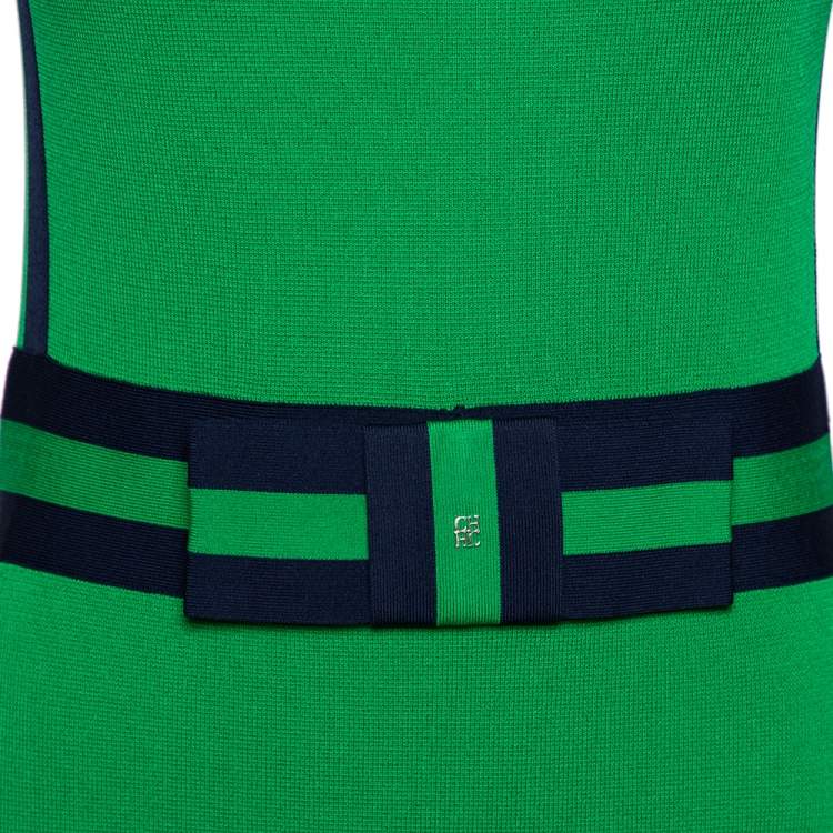 Pre Owned CH Carolina Herrera Green Knit Contrast Stripe Bow Detail Midi Dress S
