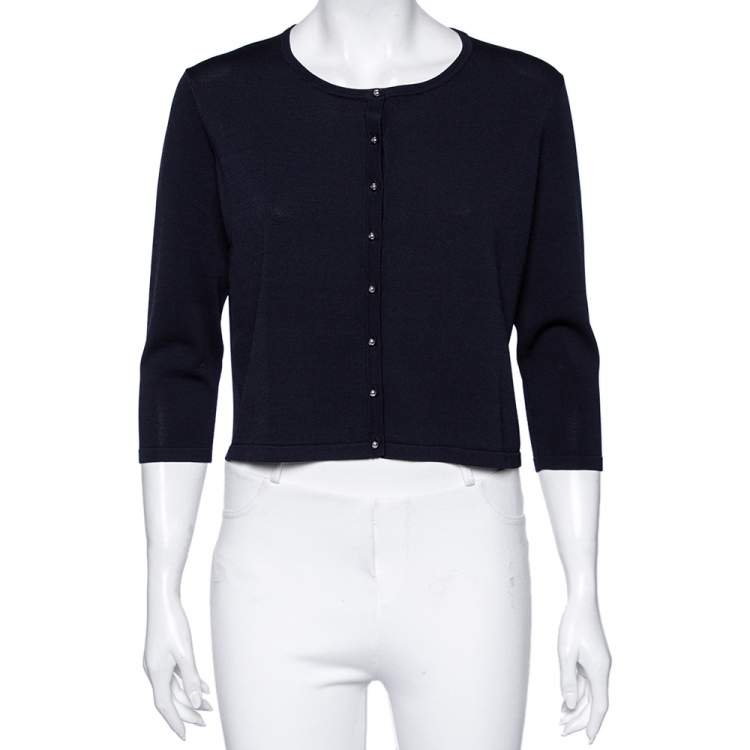Pre Owned CH Carolina Herrera Navy Blue Knit Button Front Cardigan L