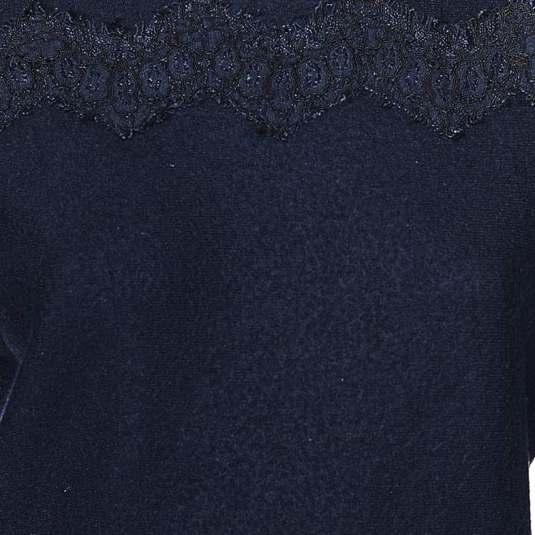 Pre Owned CH Carolina Herrera Navy Blue Wool & Lace Trim Detailed Jumper S