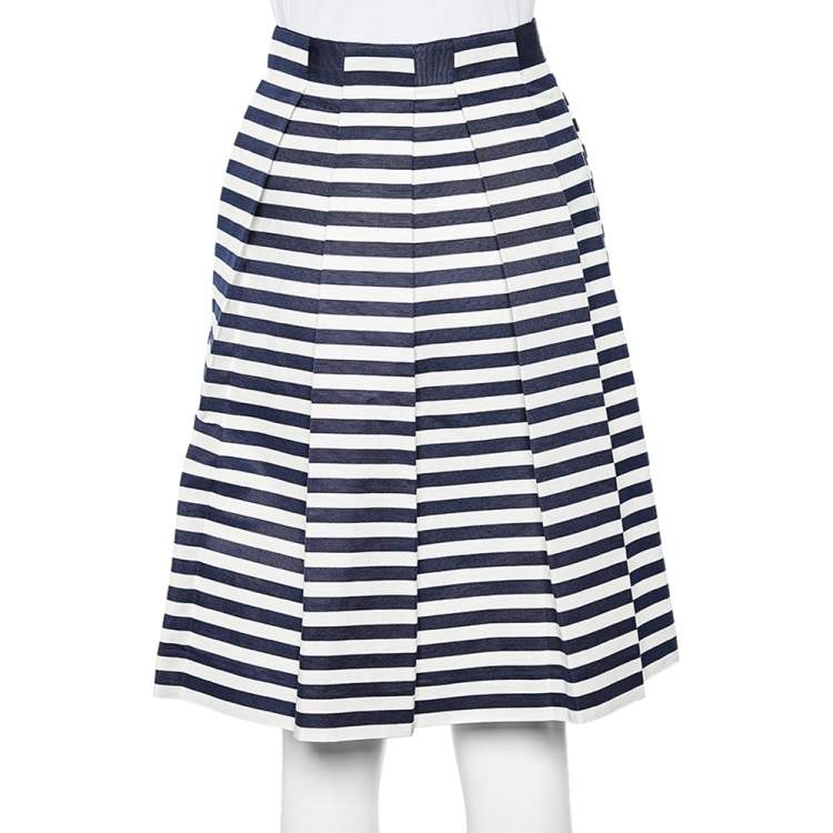 Pre Owned CH Carolina Herrera White And Navy Blue Stripes Print Cotton Skirt XS