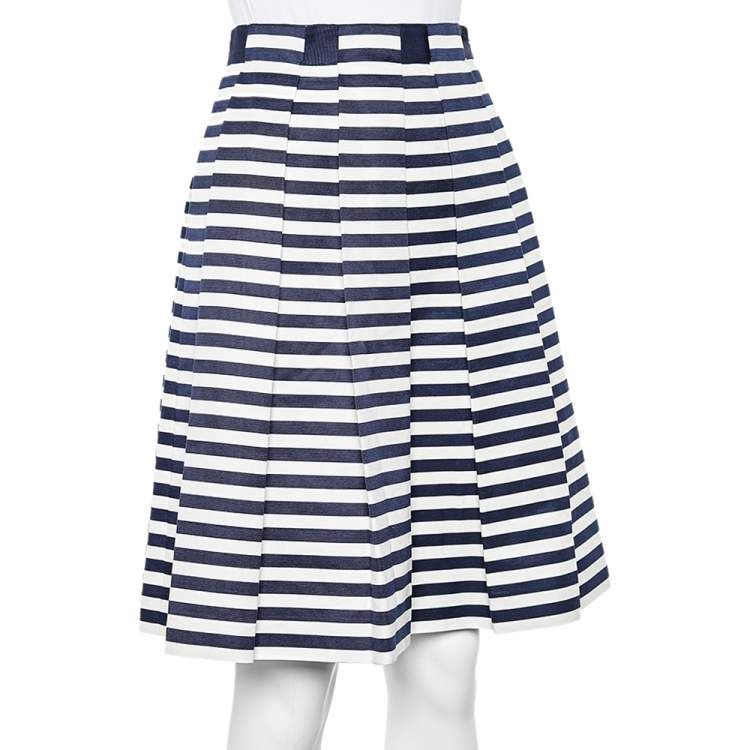 Pre Owned CH Carolina Herrera White And Navy Blue Stripes Print Cotton Skirt XS