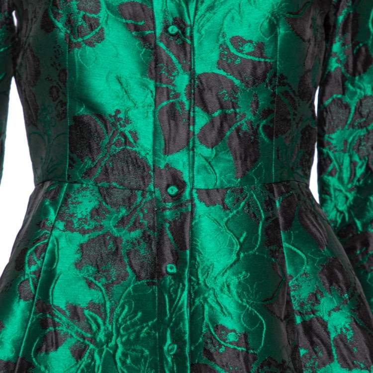 مملوكة مسبقًا CH Carolina Herrera Green Floral Brocade Flared Shirt Dress M