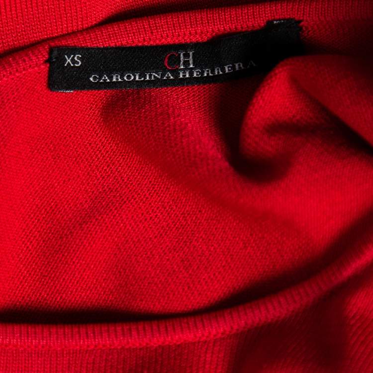 Pre Owned CH Carolina Herrera Red Knit Short Sleeve Peplum Top XS
