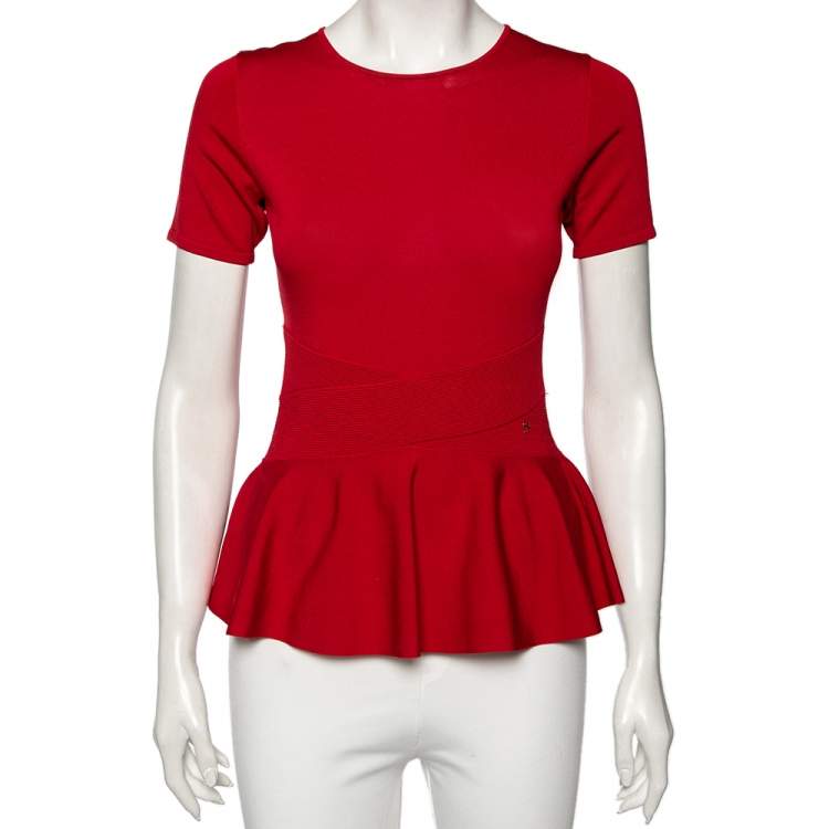 Pre Owned CH Carolina Herrera Red Knit Short Sleeve Peplum Top XS