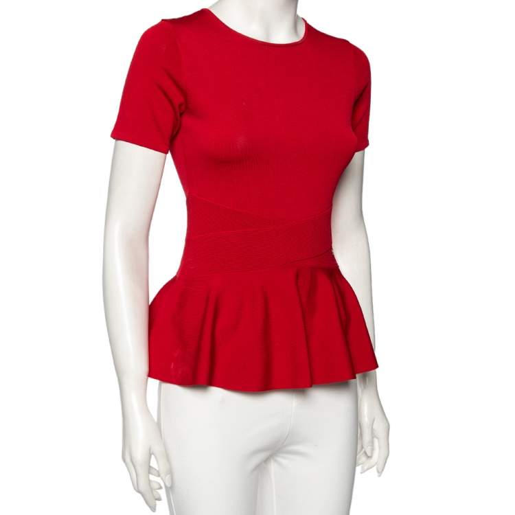 Pre Owned CH Carolina Herrera Red Knit Short Sleeve Peplum Top XS