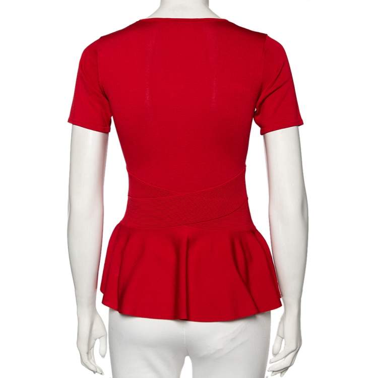 Pre Owned CH Carolina Herrera Red Knit Short Sleeve Peplum Top XS