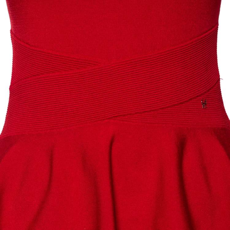 Pre Owned CH Carolina Herrera Red Knit Short Sleeve Peplum Top XS