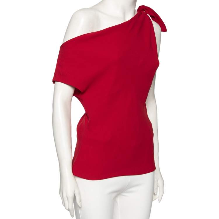 Pre Owned CH Carolina Herrera Red Crepe Knotted Sleeve Detail Top L