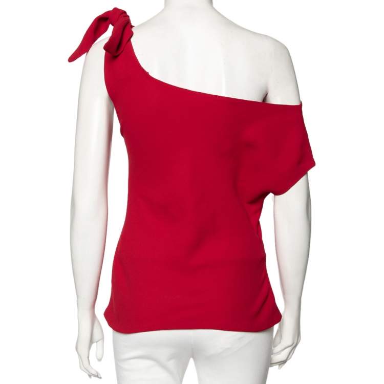 Pre Owned CH Carolina Herrera Red Crepe Knotted Sleeve Detail Top L