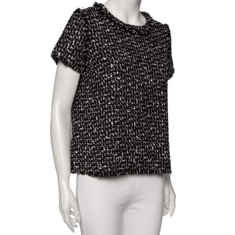 Pre Owned CH Carolina Herrera Monochrome Tweed Frayed Edged Top M