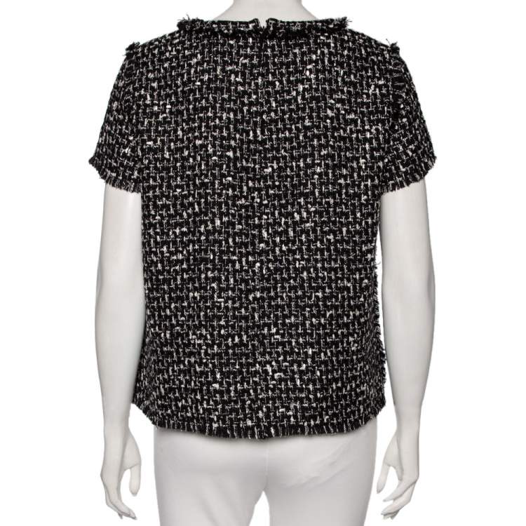 Pre Owned CH Carolina Herrera Monochrome Tweed Frayed Edged Top M