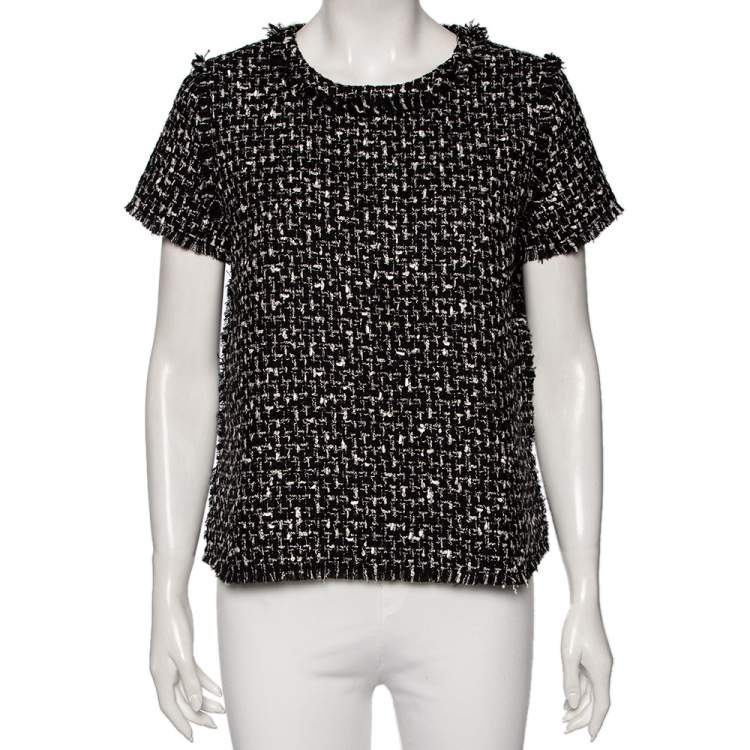 Pre Owned CH Carolina Herrera Monochrome Tweed Frayed Edged Top M