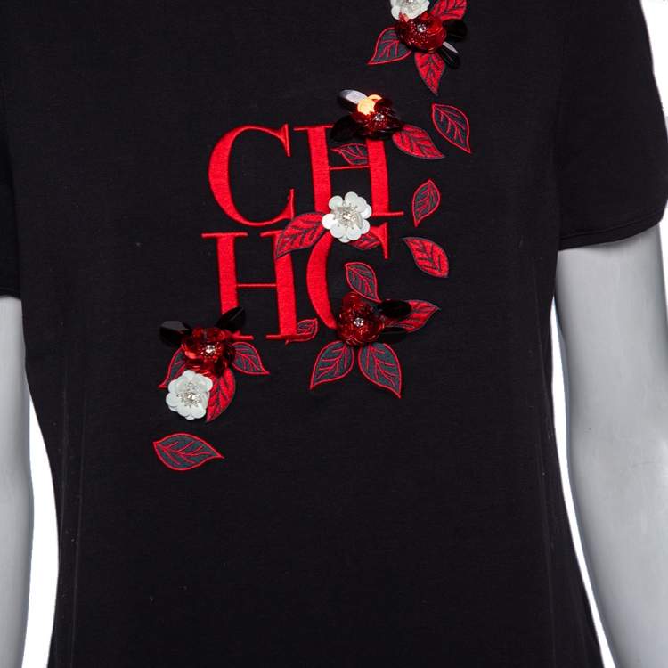 مملوكة مسبقًا CH Carolina Herrera Black Logo Embroidered Cotton Floral Appliqued T-Shirt L