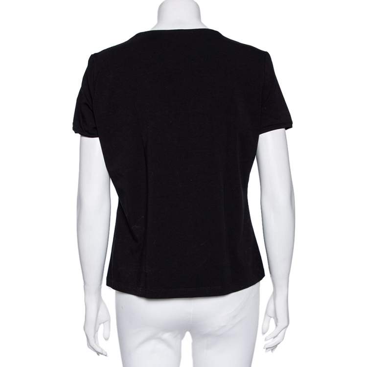 مملوكة مسبقًا CH Carolina Herrera Black Logo Embroidered Cotton Floral Appliqued T-Shirt L
