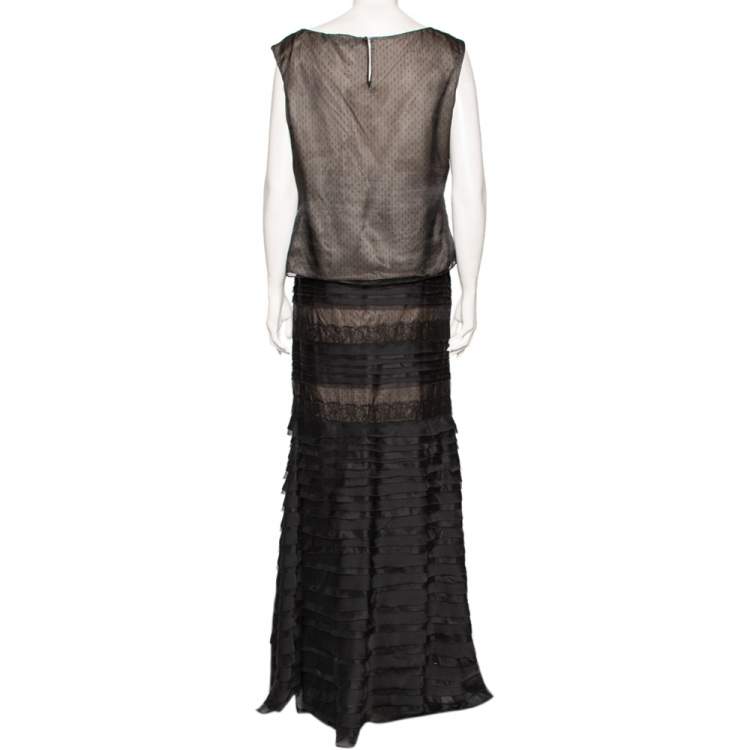 Pre Owned CH Carolina Herrera Black Silk Lace Trimmed Top & Layered Maxi Skirt L