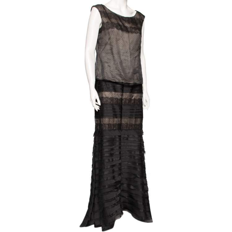 Pre Owned CH Carolina Herrera Black Silk Lace Trimmed Top & Layered Maxi Skirt L