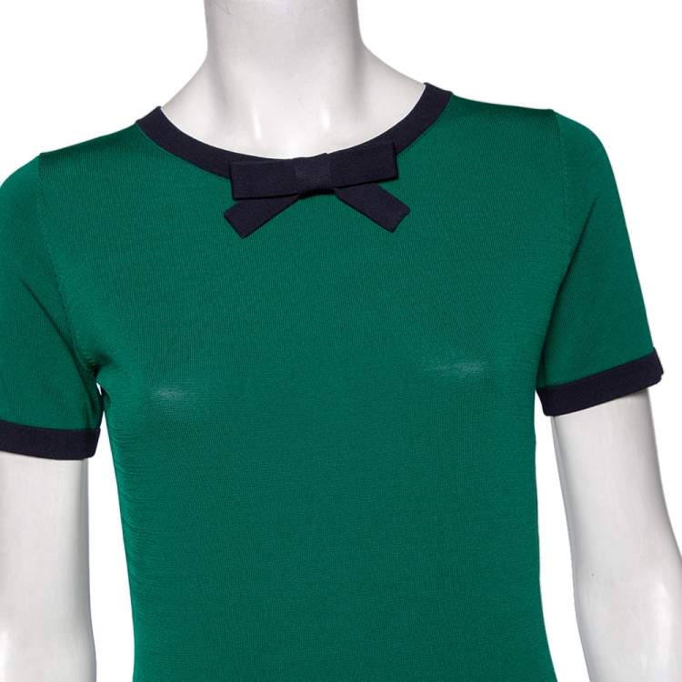 Pre Owned CH Carolina Herrera Green Knit Contrast Bow Detail Short Sleeve Top S