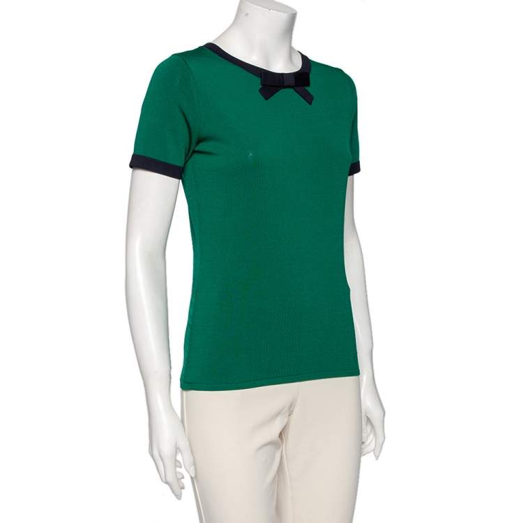 Pre Owned CH Carolina Herrera Green Knit Contrast Bow Detail Short Sleeve Top S