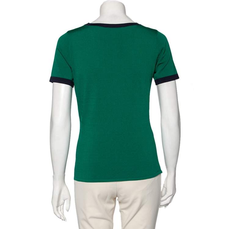 Pre Owned CH Carolina Herrera Green Knit Contrast Bow Detail Short Sleeve Top S
