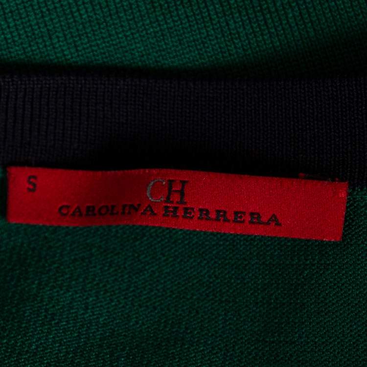 Pre Owned CH Carolina Herrera Green Knit Contrast Bow Detail Short Sleeve Top S
