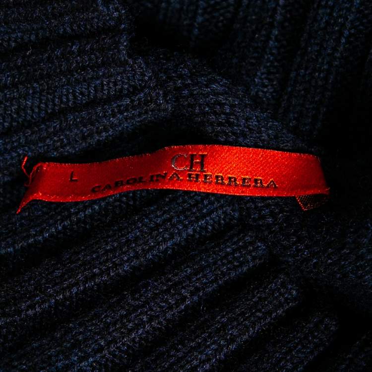 Pre Owned CH Carolina Herrera Navy Blue Wool Cable Knit Turtle Neck Sweater L