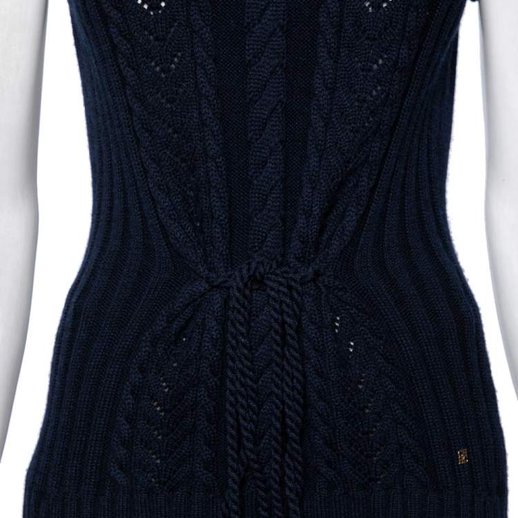 Pre Owned CH Carolina Herrera Navy Blue Wool Cable Knit Turtle Neck Sweater L