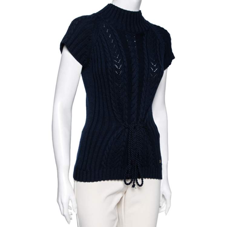 Pre Owned CH Carolina Herrera Navy Blue Wool Cable Knit Turtle Neck Sweater L