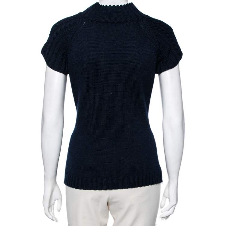 Pre Owned CH Carolina Herrera Navy Blue Wool Cable Knit Turtle Neck Sweater L