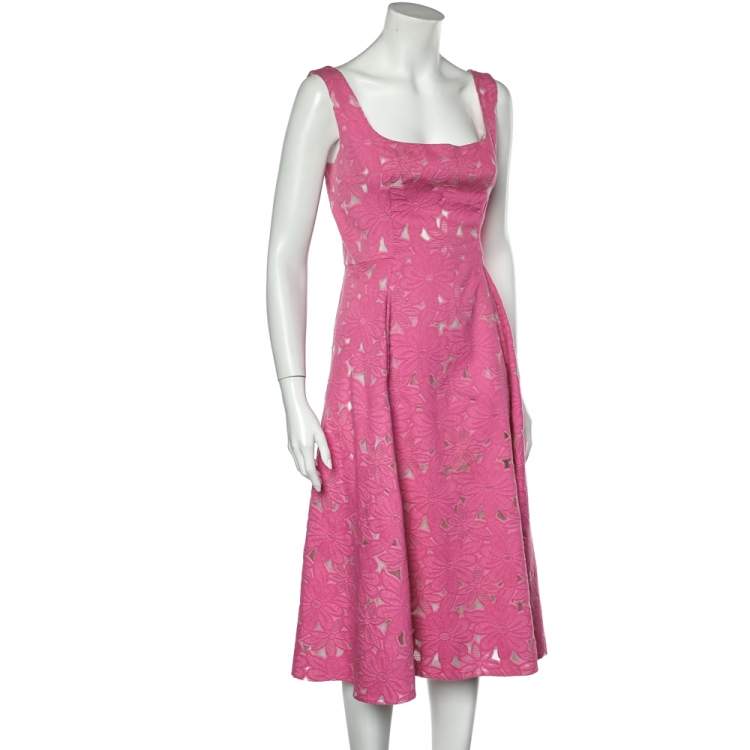Pre Owned CH Carolina Herrera Pink Floral Jacquard Sleeveless Flared Dress M