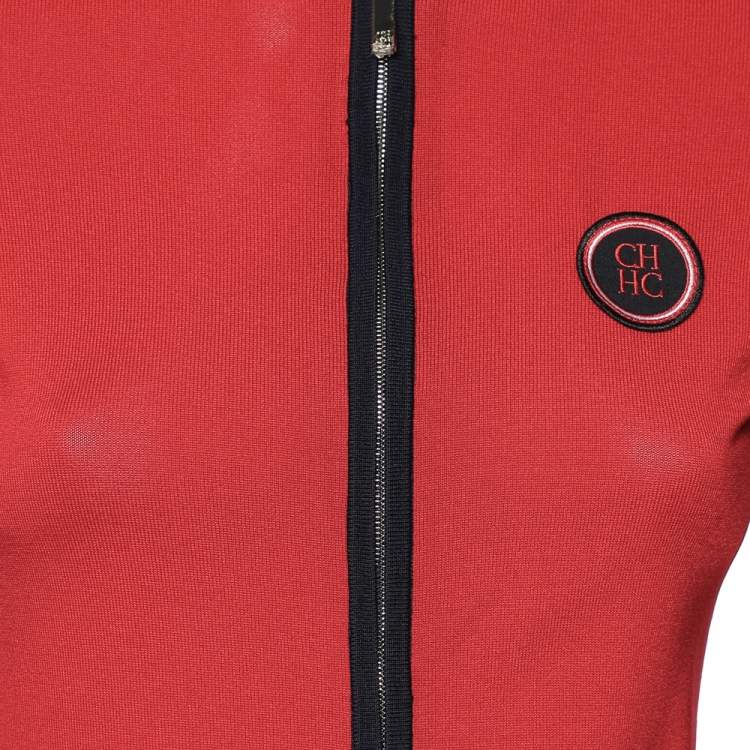 Pre Owned CH Carolina Herrera Red Knit Zip Front Jacket S
