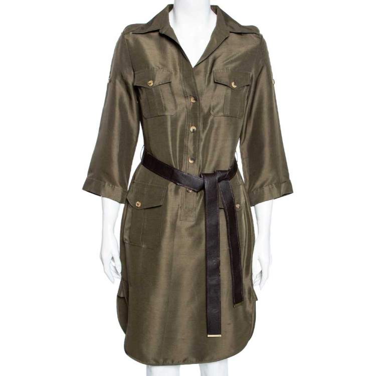 مملوكة مسبقًا CH Carolina Herrera Olive Green Silk Belted Short Dress M 