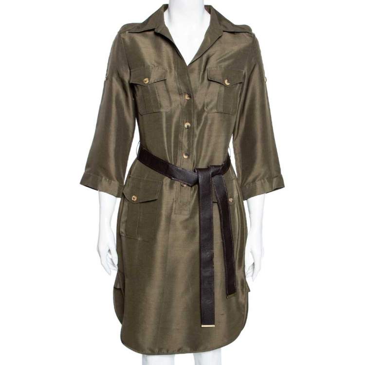 CH Carolina Herrera Olive Green Silk Belted Short Dress M CH Carolina ...