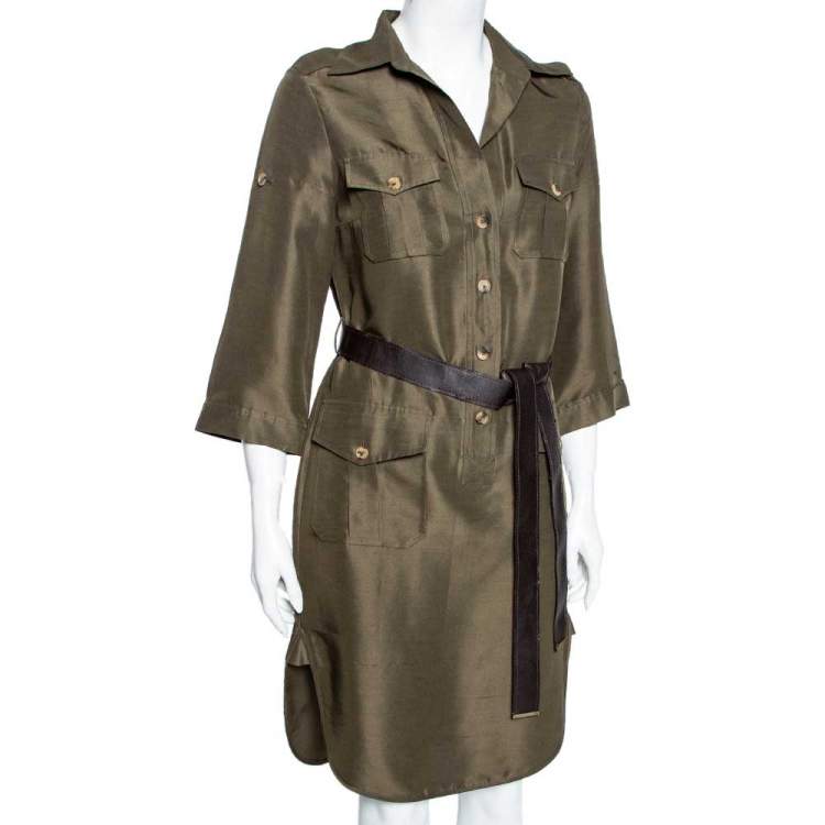 مملوكة مسبقًا CH Carolina Herrera Olive Green Silk Belted Short Dress M 
